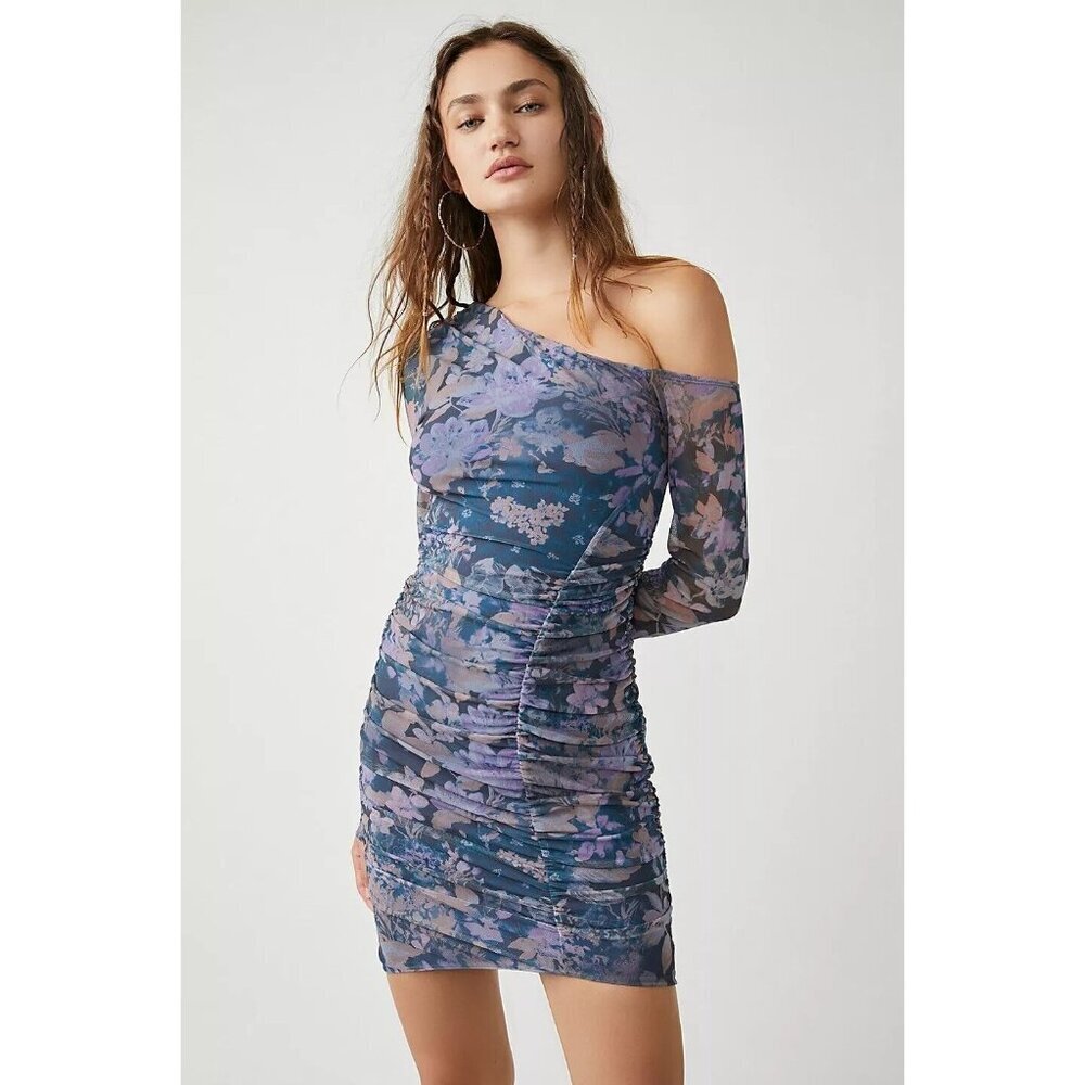 Free People Dress Womens Chloe One Sleeve Mini Midnight Combo Ruched Mesh Size:M